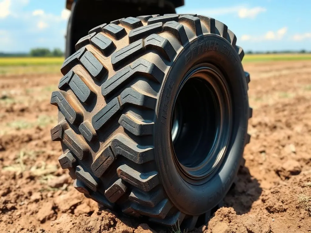 Llanta nueva de aplicación agrícola sobre terreno de trabajo